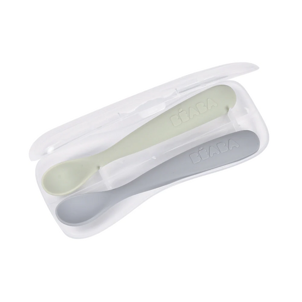 Beaba 1st Stage Silicone Spoon with Ultra Soft Tip, Gum Friendly, Ergonomic Handles, BPA Free, Set of 2 - Green/Grey