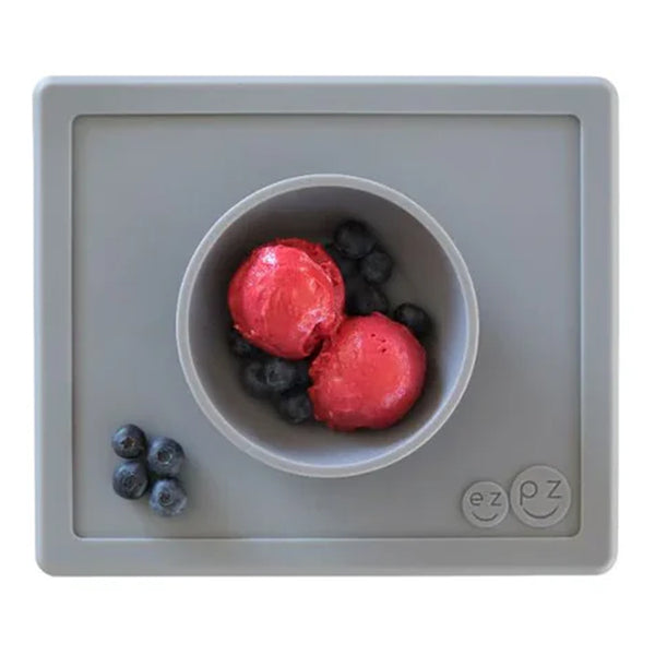 EzPz Happy Bowl 100% Food Grade Silicone Suction Bowl with Built In Placemat - Grey