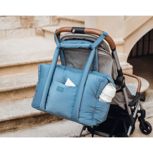 Beaba Paris Puffer Baby Diaper Bag with Large Capacity, Multi Pocket Organizer with Changing Pad, Insulated Bottle Pouch & Stroller Clips - Baltic Blue - Dezine Kids