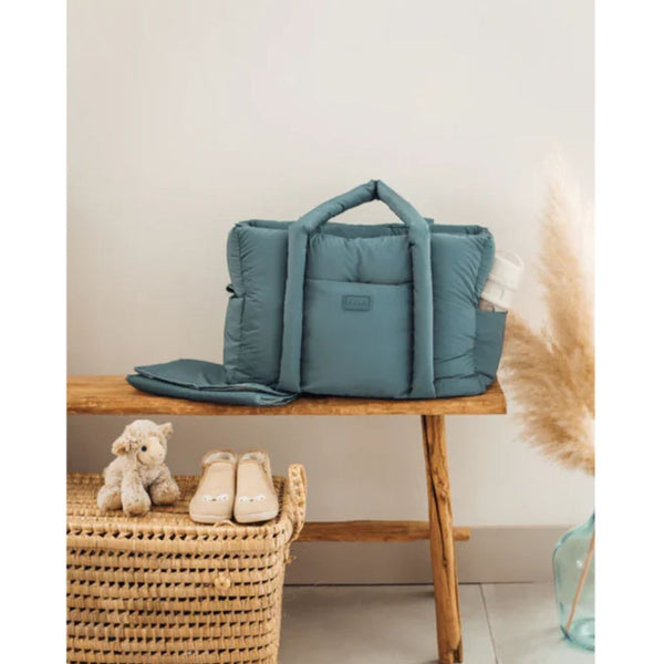 Beaba Paris Puffer Baby Diaper Bag with Large Capacity, Multi Pocket Organizer with Changing Pad, Insulated Bottle Pouch & Stroller Clips - Baltic Blue - Dezine Kids