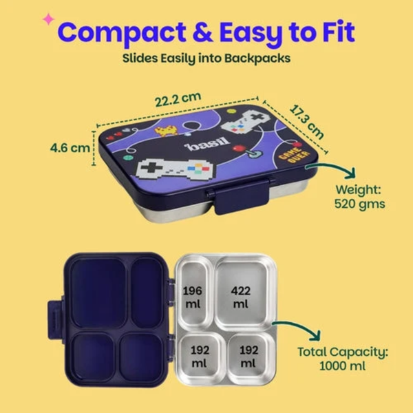 Basil 4 Compartment Stainless Steel Lunchbox with Plastic Lid - Pixel Rush