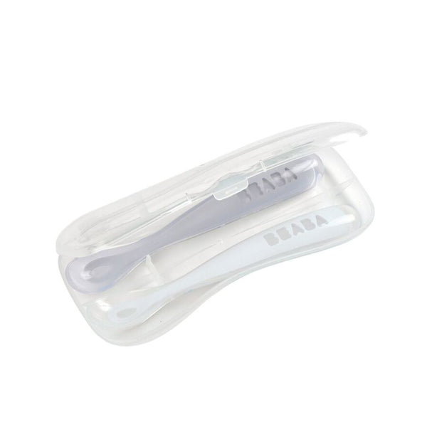 Beaba 1st Stage Silicone Spoon with Ultra Soft Tip, Gum Friendly, Ergonomic Handles, Set of 2 - Pebble/Cloud - Dezine Kids