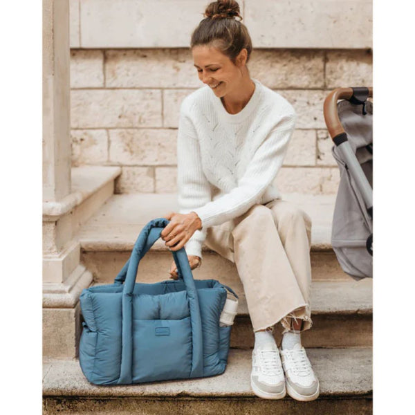 Beaba Paris Puffer Baby Diaper Bag with Large Capacity, Multi Pocket Organizer with Changing Pad, Insulated Bottle Pouch & Stroller Clips - Baltic Blue - Dezine Kids
