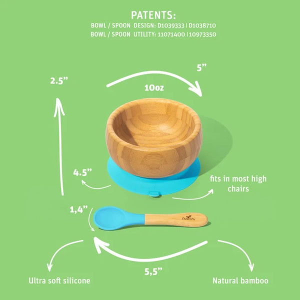 Avanchy Baby Bamboo & Silicone Suction Base Bowl + Spoon - Blue