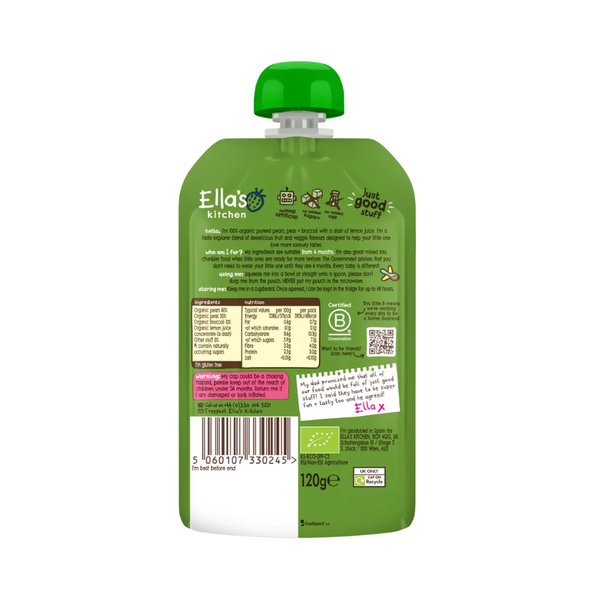 Ellas Kitchen Baby Puree Pouch, 4+ months 120g - Pears, Peas & Broccoli - Dezine Kids