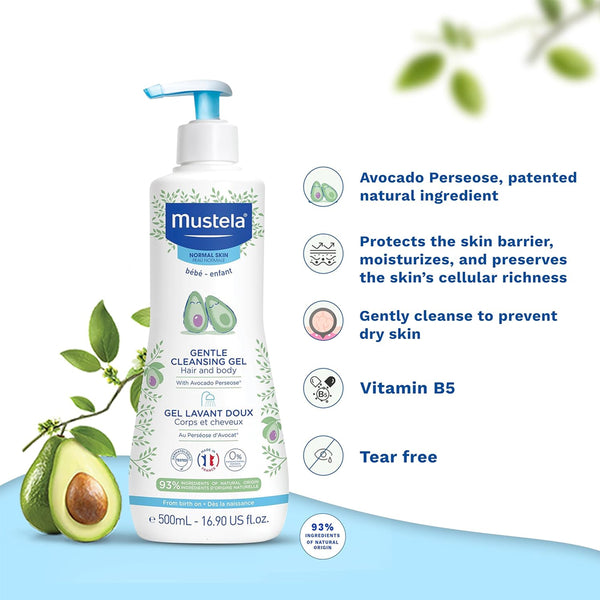 Mustela Gentle Cleansing Gel Baby Hair & Body Wash With Avocado & Vitamin B5 Prevents Dryness & Skin Irritation - 500 ml