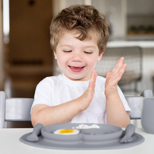 EzPz Mini Feeding Set for Toddlers (Mat, Spoon & Fork) - Grey