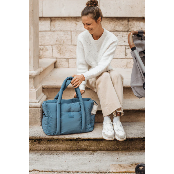 Beaba Paris Puffer Baby Diaper Bag with Large Capacity, Multi Pocket Organizer with Changing Pad, Insulated Bottle Pouch & Stroller Clips - Baltic Blue