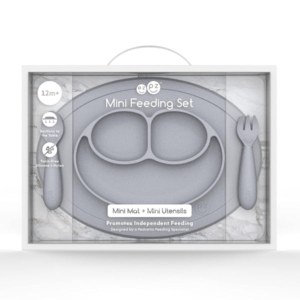EzPz Mini Feeding Set for Toddlers (Mat, Spoon & Fork) - Pewter