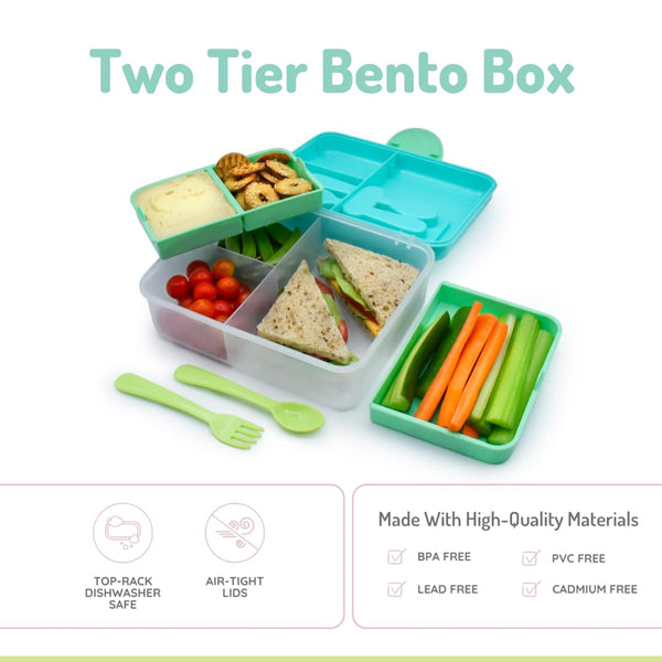 Melii 2 Tier Bento Lunch Box With 6 Compartments Includes Spoon & Fork - Blue, Mint & Lime