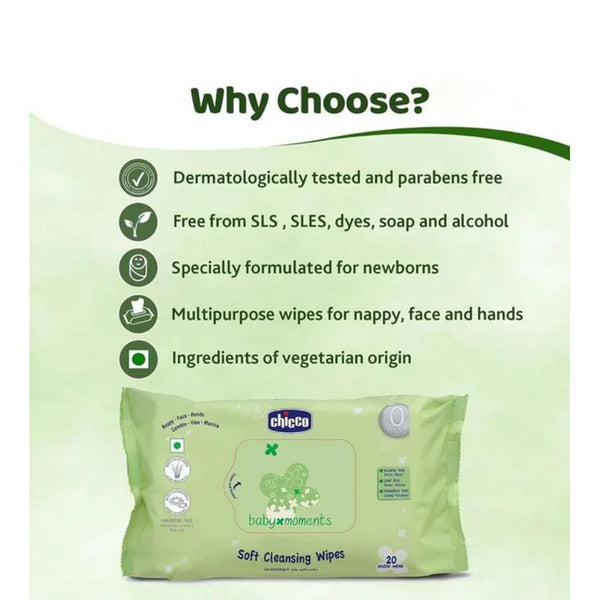 Chicco Soft Cleansing Baby Wet Wipes with Aloe Vera & Chamomile - 20 Pcs