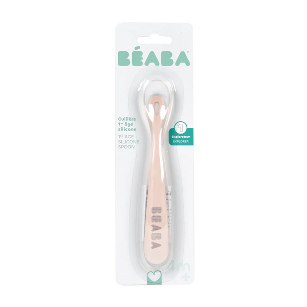 Beaba 1st Stage Silicone Spoon with Ultra Soft Tip, Gum Friendly, Ergonomic Handles, BPA Free - Cotton Candy