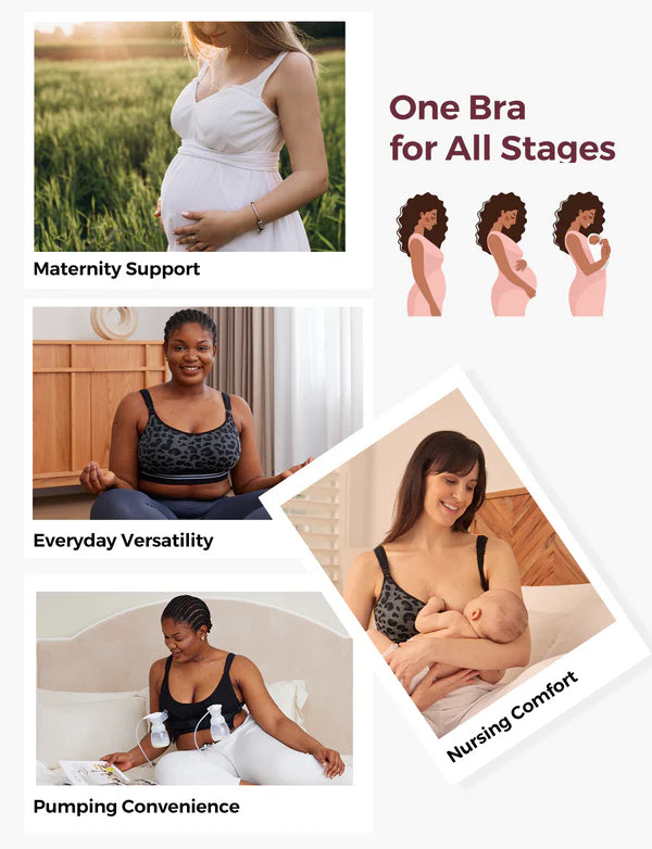 Momcozy 4 in 1 Hand Free Seamless Stretch Fabric Pumping Bra - Leopard Grey