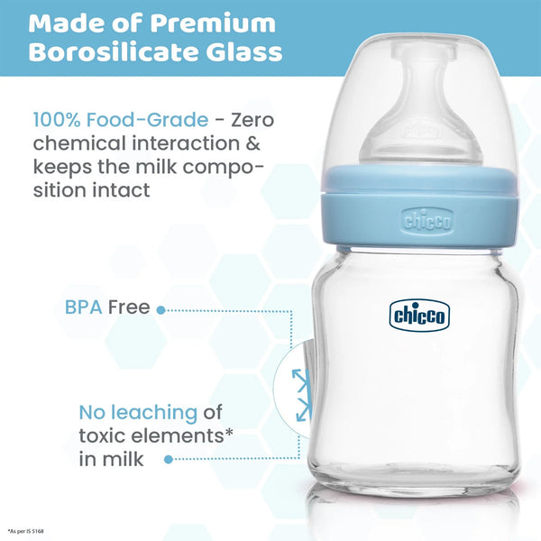 Chicco Well Being Glass Feeding Bottle for 0m+ 120ml Slow Flow - Blue