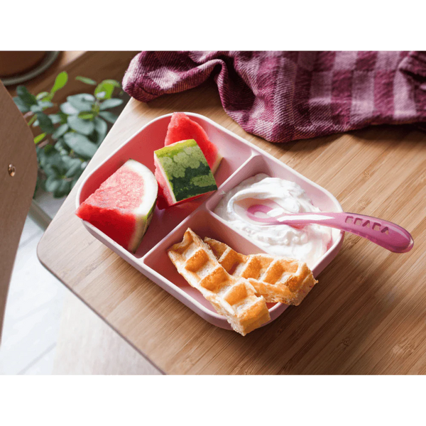 Beaba Silicone 2 Piece Baby Meal Set, Non-Slip, Unbreakable, Easy to Clean, BPA-Free Baby Feeding Set - Baby Pink