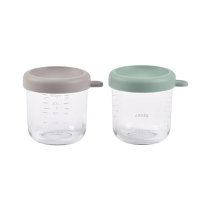 Beaba Glass Storage Container, Airtight Jar with Graduation Measuring Scale, 250 ml, Set of 2 - Sage Green & Gazelle
