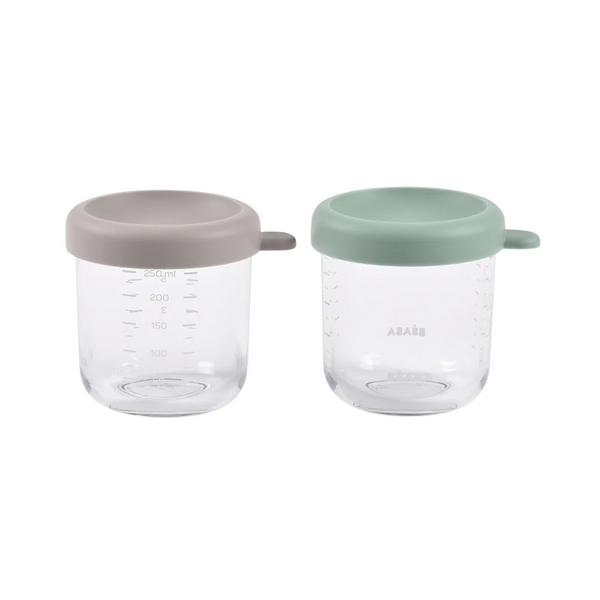 Beaba Glass Storage Container, Airtight Jar with Graduation Measuring Scale, 250 ml, Set of 2 - Sage Green & Gazelle
