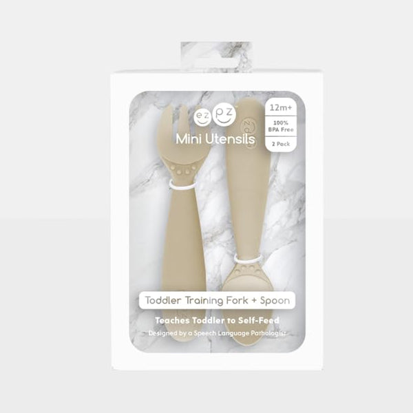 EzPz Mini Utensils for Toddlers (Spoon & Fork) - Oat