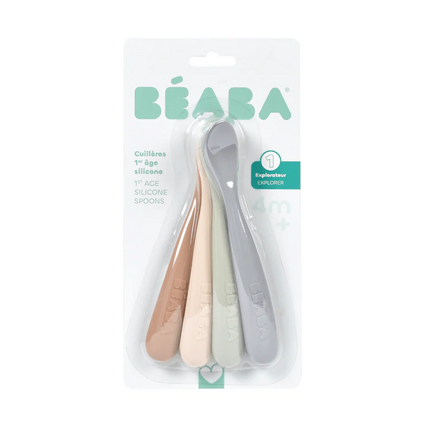 Beaba 1st Stage Silicone Spoon with Ultra Soft Tip, Gum Friendly, Ergonomic Handles, Set of 4 - Natural