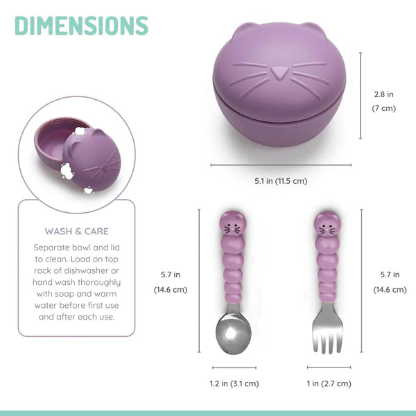 Melii Silicone Bowl With Lid, Spoon & Fork, Airtight & Leakproof Lid - Cat