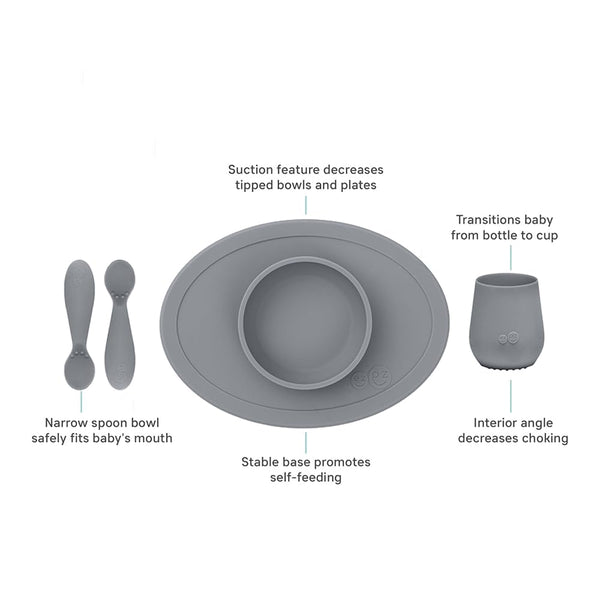 EzPz First Foods Set 100% Food Grade Silicone Baby & Toddler Suction Bowl with Built In Placemat - Grey