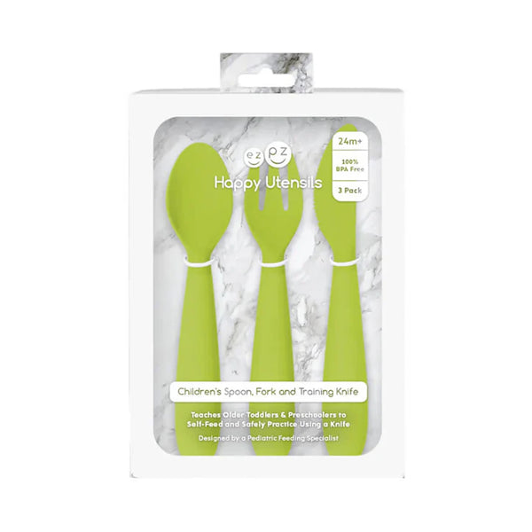 EzPz Happy Utensils for Toddlers(Spoon, Fork & Knife) - Lime
