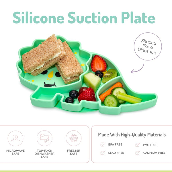 Melii 100% Food Grade Silicone Plate Suction Base With Divided Sections - Dinosaur