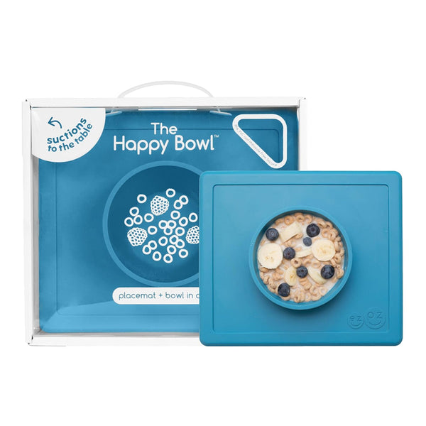 EzPz Happy Bowl 100% Food Grade Silicone Suction Bowl with Built In Placemat - Blue
