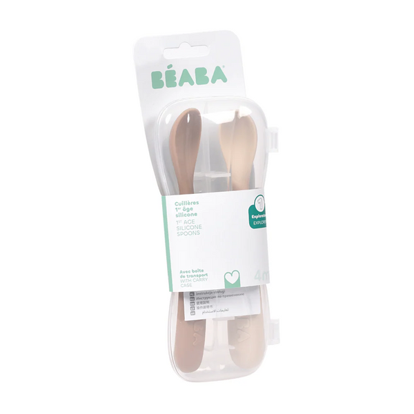 Beaba 1st Stage Silicone Spoon with Ultra Soft Tip, Gum Friendly, Ergonomic Handles, BPA Free, Set of 2 - Clay/Praline