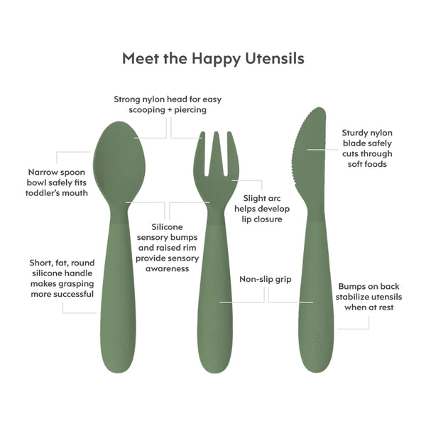 EzPz Happy Utensils for Toddlers(Spoon, Fork & Knife) - Olive