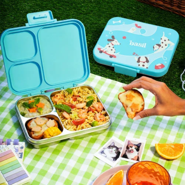 Basil 3 Compartment Stainless Steel Lunchbox with Plastic Lid - Wiggly Woof