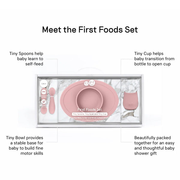 EzPz First Foods Set 100% Food Grade Silicone Baby & Toddler Suction Bowl with Built In Placemat - Blush - Dezine Kids