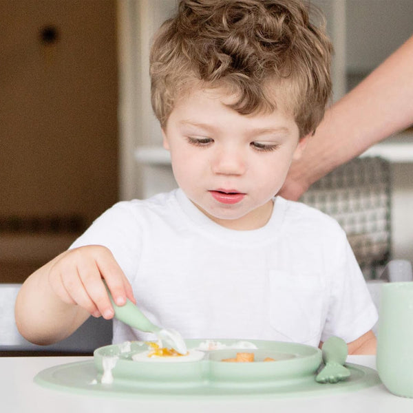 EzPz Mini Feeding Set for Toddlers (Mat, Spoon & Fork) - Sage