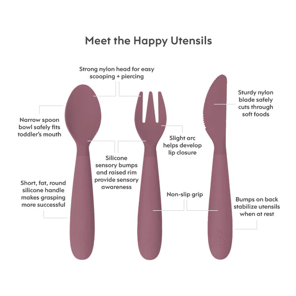 EzPz Happy Utensils for Toddlers(Spoon, Fork & Knife) - Mauve