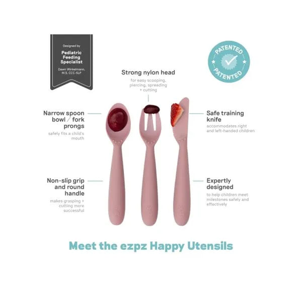 EzPz Happy Utensils for Toddlers(Spoon, Fork & Knife) - Blush