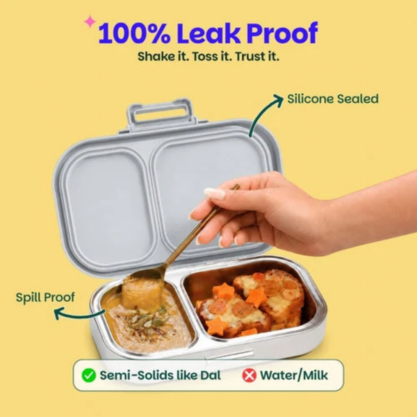 Basil 2 Compartment Stainless Steel Lunchbox with Plastic Lid - Classic Grey