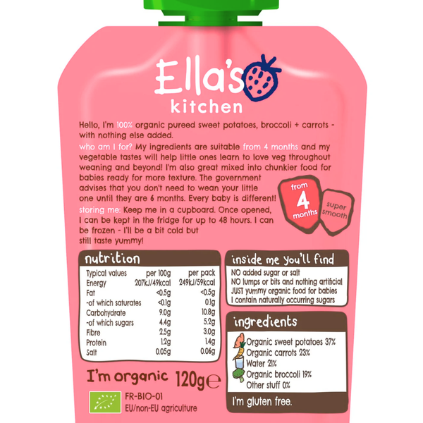 Ellas Kitchen Baby Puree Pouch, 4+ months 120g - Sweet Potato Broccoli & Carrot - Dezine Kids