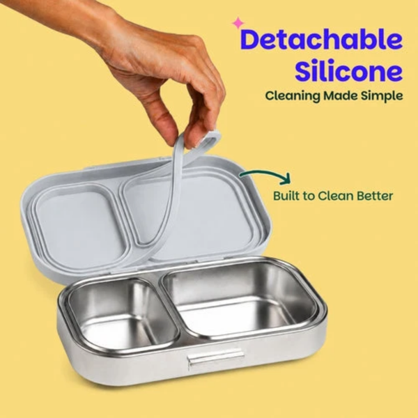 Basil 2 Compartment Stainless Steel Lunchbox with Plastic Lid - Classic Grey