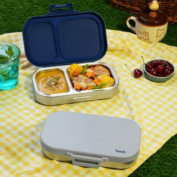 Basil 2 Compartment Stainless Steel Lunchbox with Plastic Lid - Classic Grey