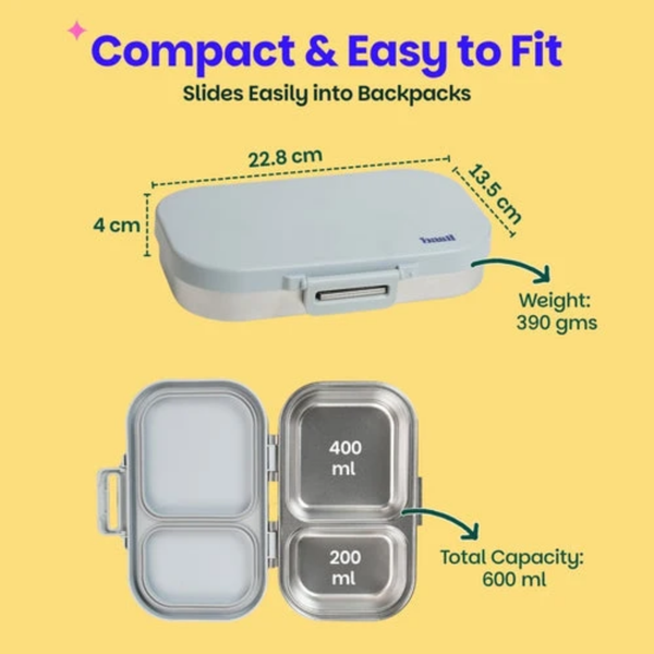 Basil 2 Compartment Stainless Steel Lunchbox with Plastic Lid - Classic Grey
