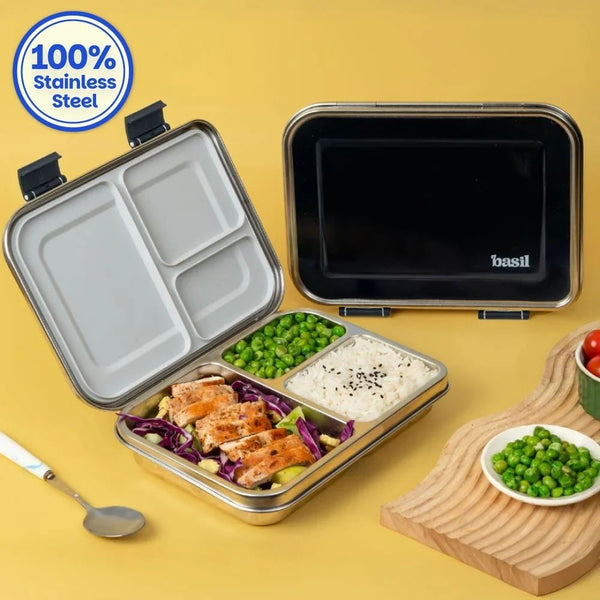 Basil 3 Compartment easy open-close Lunchbox - Black