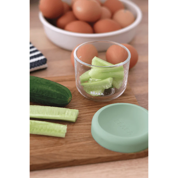 Beaba Glass Storage Container, Airtight Container with Graduation Measuring Scale, 150 ml - Sage Green