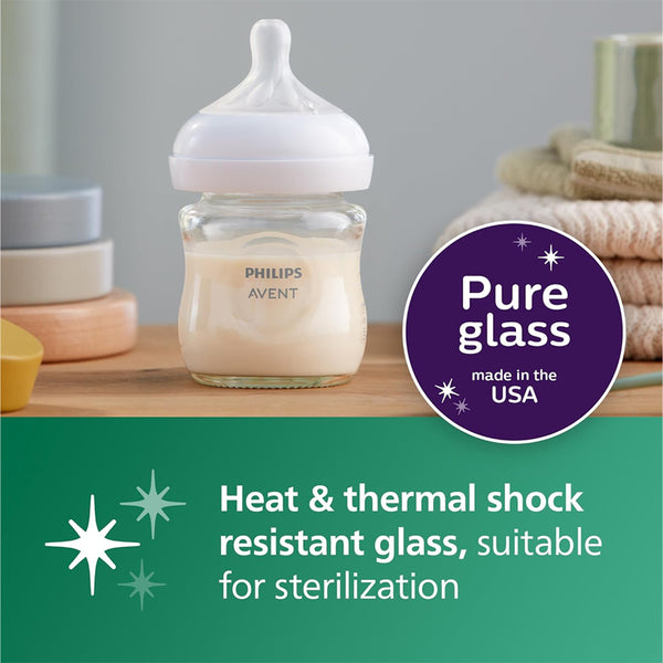 Philips Avent Natural Glass Baby Bottles with Natural Response Nipples (Slow Flow, Flow 2) - 120 ml