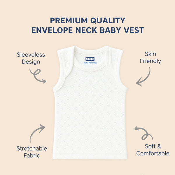 Hopop Baby 100% Soft & Stretchable Cotton Sleeveless Vest – Envelope Neck, White, Extra Breathable - Dezine Kids