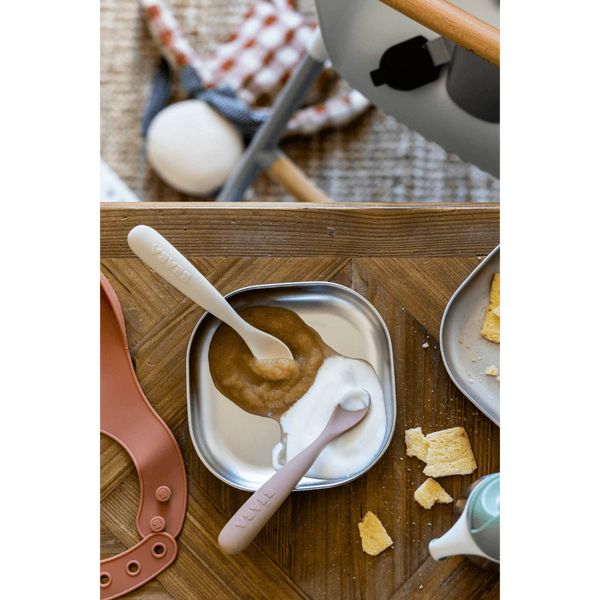 Beaba 1st Stage Silicone Spoon with Ultra Soft Tip, Gum Friendly, Ergonomic Handles, BPA Free, Set of 2 - Clay/Praline