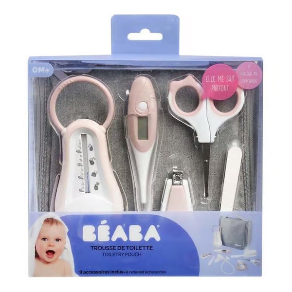 Beaba Grooming Kit, Hanging Toiletry Pouch with 9 Accessories - Pink