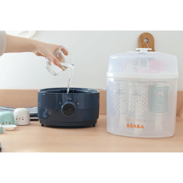 Beaba 2 in 1 Baby Bottle Sterilizer and Dryer, 8 Min Steam Sterilization, 3 Modes Sterilize, Dry or Both, Capacity for 6 Bottles -Night Blue