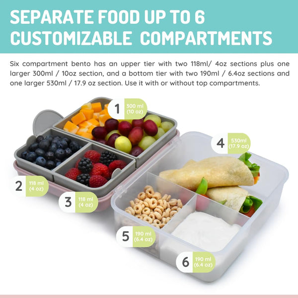 Melii 2 Tier Bento Lunch Box With 6 Compartments Includes Spoon & Fork - Pink, Purple & Grey