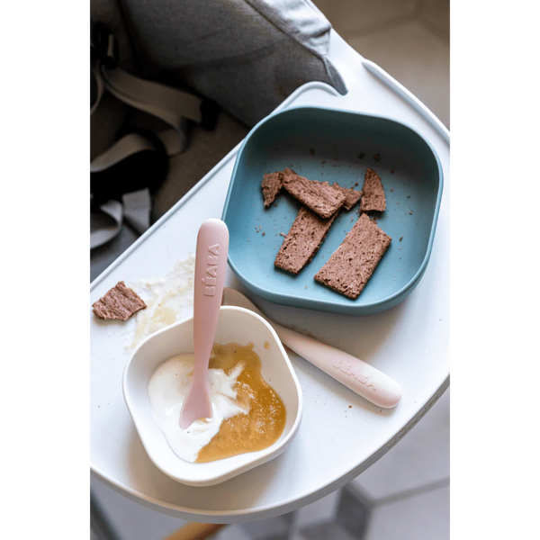 Beaba 1st Stage Silicone Spoon with Ultra Soft Tip, Gum Friendly, Ergonomic Handles, Set of 2 - Cotton Candy/Marshmallow