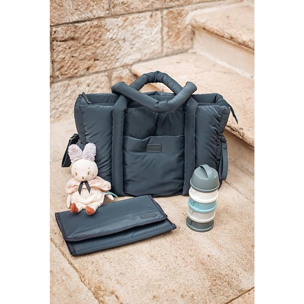 Beaba Paris Puffer Baby Diaper Bag with Large Capacity, Multi Pocket Organizer with Changing Pad, Insulated Bottle Pouch & Stroller Clips - Mineral Grey - Dezine Kids